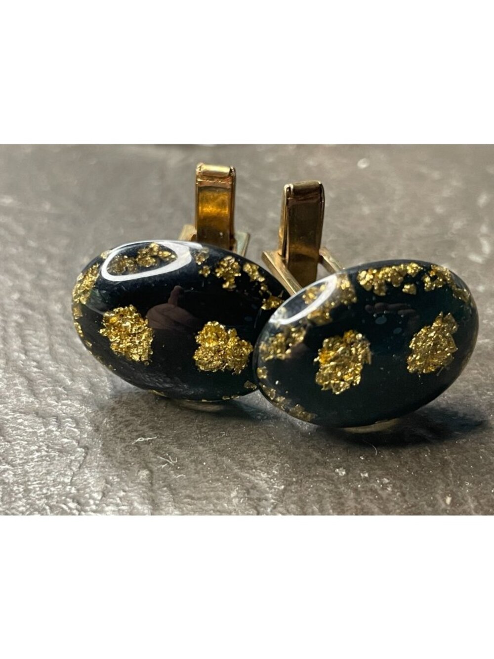 Vintage 1950s Black Confetti Lucite Cufflinks Gold Foil Fleck Oval Mid Century R
